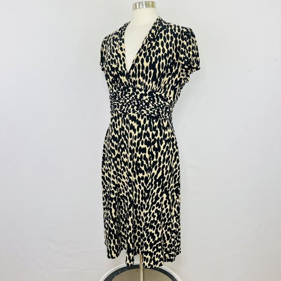 Evan Picone Sz 12 Large Dress Animal Print Black Beige Tan Ruched Waist #H🫠🫠 - Picture 3 of 7